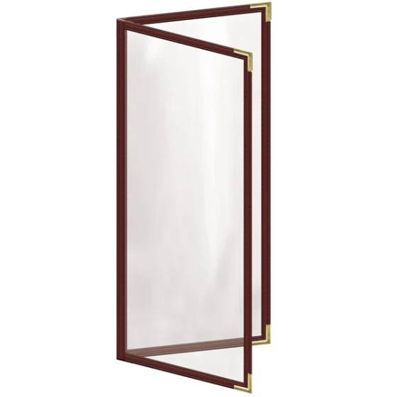 H. Risch, Inc. TED Deluxe Sewn 4 1/4" x 11" Maroon 4 View Menu Cover with Gold Smooth Corners and Gloss Finish
