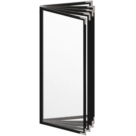 H. Risch, Inc. TE-10V Deluxe Sewn 4 1/4" x 11" Black 10 View Vinyl Menu Cover with Silver Smooth Corners and Matte Finish