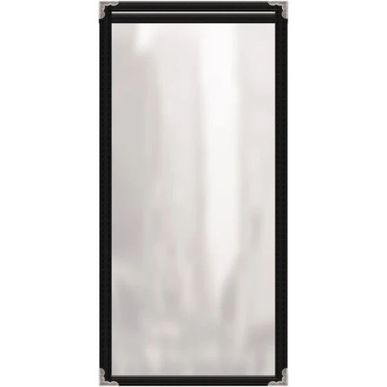H. Risch, Inc. TES Deluxe Sewn 5 1/2" x 14" Black 2 View Vinyl Menu Cover with Silver Decorative Corners and Gloss Finish