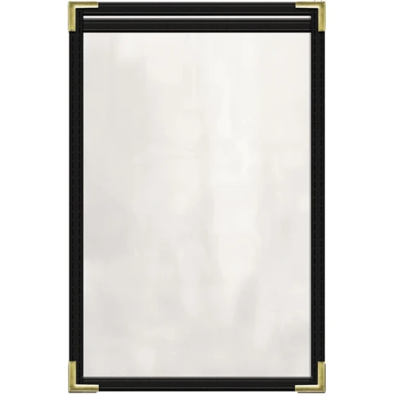 H. Risch, Inc. TES Deluxe Sewn 5 1/2" x 8 1/2" Black 2 View Vinyl Menu Cover with Gold Smooth Corners and Gloss Finish