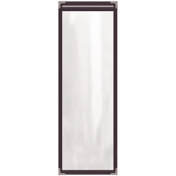 H. Risch, Inc. TES Deluxe Sewn 4 1/4" x 14" Brown 2 View Vinyl Menu Cover with Silver Decorative Corners and Gloss Finish