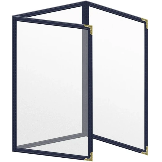 H. Risch, Inc. TET Deluxe Sewn 5 1/2" x 8 1/2" Blue 6 View Foldout Vinyl Menu Cover With Gold Decorative Corners and Matte Finish