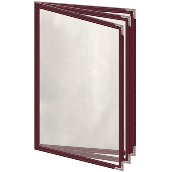 H. Risch, Inc. TETB Deluxe Sewn 5 1/2" x 8 1/2" Maroon 6 View Vinyl Menu Cover with Silver Decorative Corners and Gloss Finish