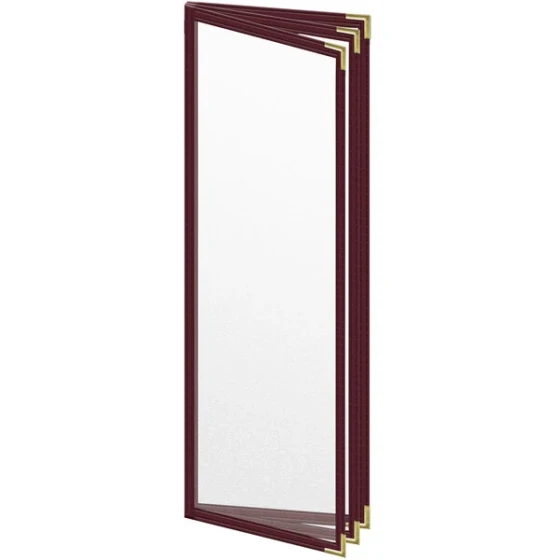 H. Risch, Inc. TETB Deluxe Sewn 4 1/4" x 14" Maroon 6 View Vinyl Menu Cover with Gold Smooth Corners and Matte Finish