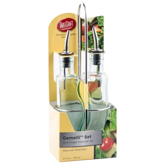TableCraft H918N Gemelli 8.5 oz. Green Tinted Glass Oil and Vinegar Cruet Set with Chrome Rack