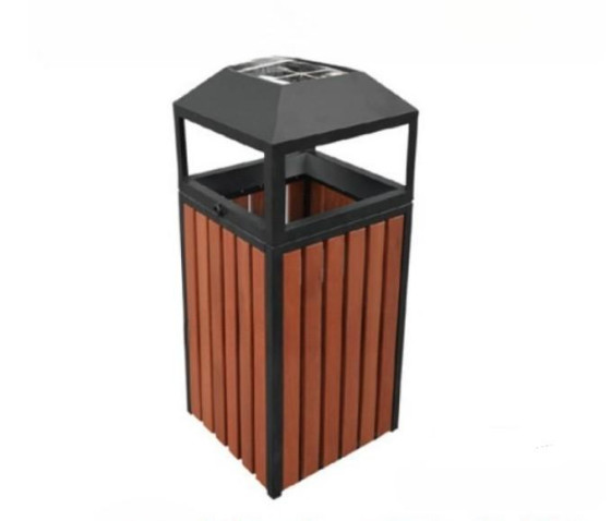 Outdoor Garbage Bin Wooden Finish with Ashtray, Galvanized Inner Bin 17.2 Ltr - 42x42x115 cm
