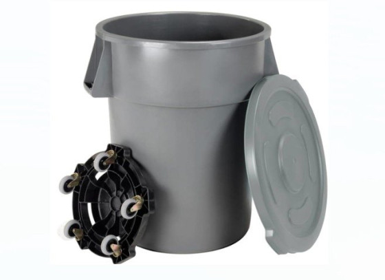 Heavy duty circular garbage bin attached lid and dolly 121 L