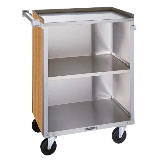 Lakeside 810LM 3 Shelf Medium Duty Stainless Steel Utility Cart with Enclosed Base and Light Maple Finish - 16 7/8" x 28 1/4" x 34 1/2"