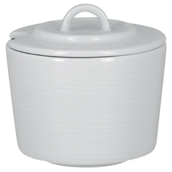 RAK Porcelain Helm 7.8 oz. Bright White Embossed Porcelain Sugar Bowl with Lid - 12/Case