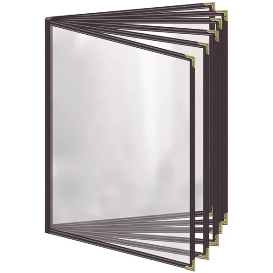 H. Risch, Inc. TE-12V Deluxe Sewn 8 1/2" x 11" Brown 12 View Vinyl Menu Cover with Gold Decorative Corners and Gloss Finish