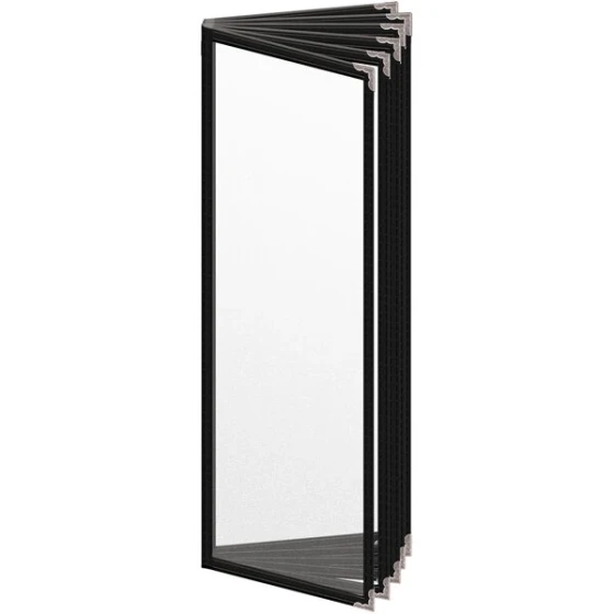 H. Risch, Inc. TE-12V Deluxe Sewn 4 1/4" x 14" Black 12 View Vinyl Menu Cover with Silver Decorative Corners and Matte Finish