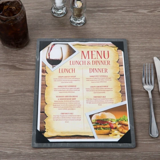 Menu Solutions WDPIX-C Ash 8 1/2" x 11" Customizable Wood Menu Board with Picture Corners