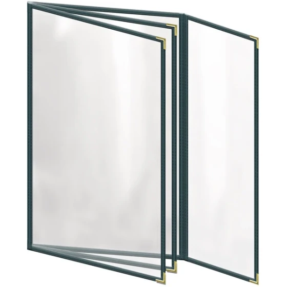H. Risch, Inc. TETBQ Deluxe Sewn 8 1/2" x 14" Green 8 View Vinyl Menu Cover with Gold Smooth Corners and Gloss Finish