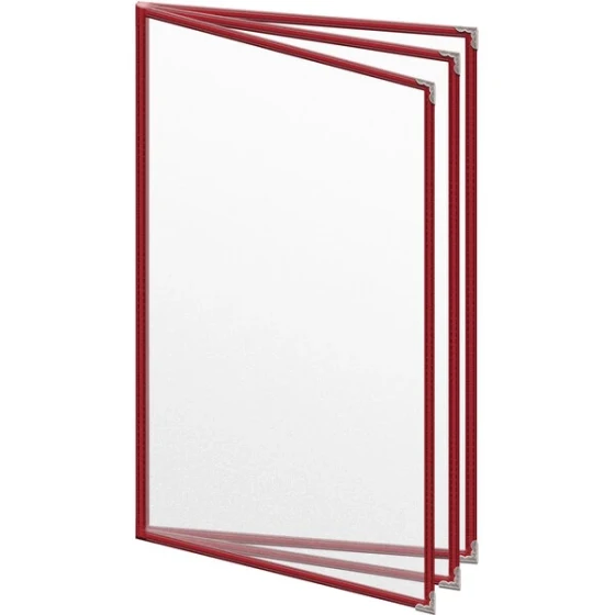 H. Risch, Inc. TETB Deluxe Sewn 8 1/2" x 14" Red 6 View Vinyl Menu Cover with Silver Decorative Corners and Matte Finish