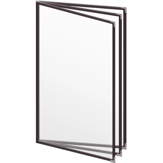 H. Risch, Inc. TETB Deluxe Sewn 8 1/2" x 14" Brown 6 View Vinyl Menu Cover with Silver Decorative Corners and Matte Finish