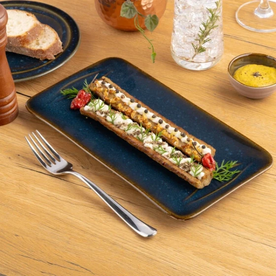 Ariane Splash Denim 8 1/4" x 5 1/8" Blue Rectangular Embossed Porcelain Platter - 6/Case