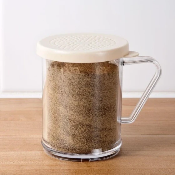 TableCraft 166A 10 oz. Polycarbonate Shaker with Beige Lid for Salt & Ground Pepper