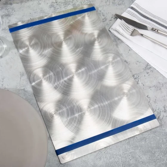 Menu Solutions ALSIN814-RB Alumitique 8 1/2" x 14" Customizable Swirl Aluminum Menu Board with Navy Bands