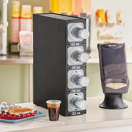 KleanTake by ServSense Black Countertop Slim Cup Dispenser Cabinet with 6 Fast-Changing Gaskets - 4 Slot