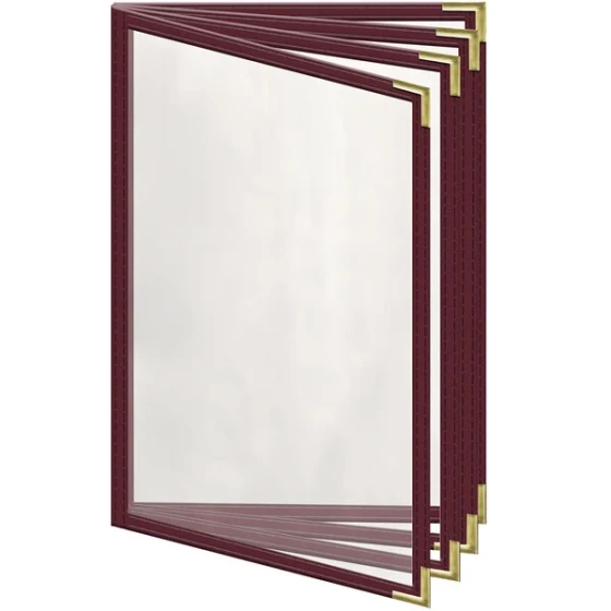H. Risch, Inc. TEDD Deluxe Sewn 5 1/2" x 8 1/2" Maroon 8 View Menu Cover with Gold Smooth Corners and Gloss Finish