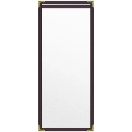 H. Risch, Inc. TES Deluxe Sewn 4 1/4" x 11" Brown 2 View Vinyl Menu Cover with Gold Decorative Corners and Matte Finish
