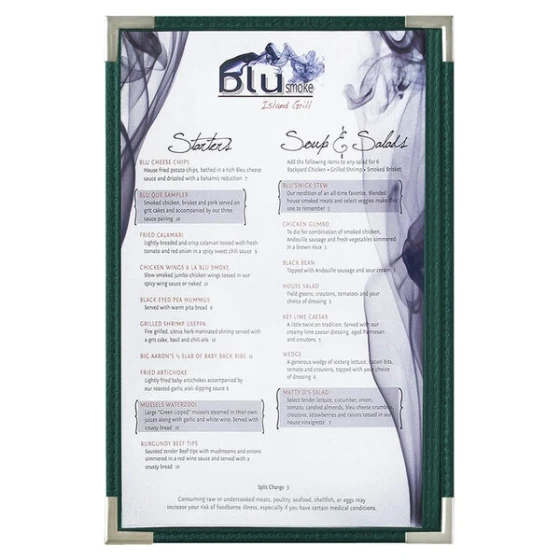 Menu Solutions RS33G GN SLV Royal 11" x 17" Single Panel / Two View Green Menu Board with Silver Corners