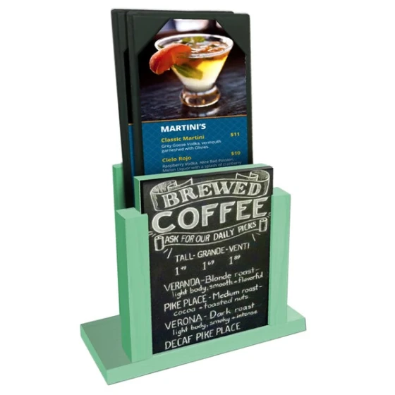 Menu Solutions WDMH-CHALK Washed Teal Wood Menu Holder with 4" x 6" Chalk Board Insert