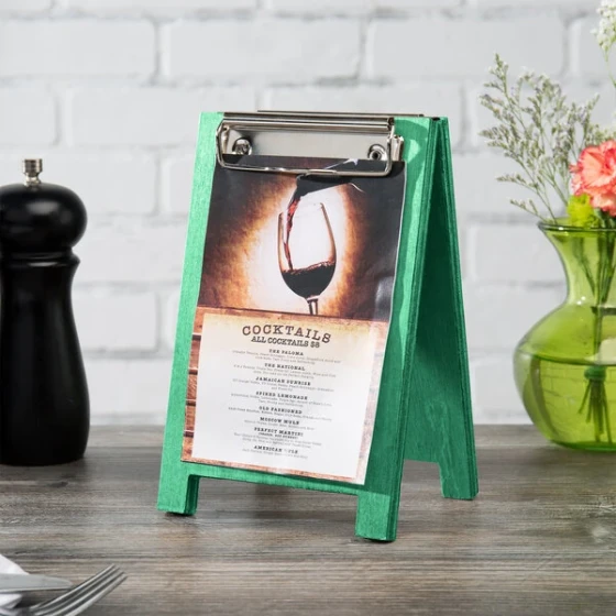 Menu Solutions WDSD-CL-A 4" x 6" Washed Teal Wood Sandwich Menu Board Tent with Clip