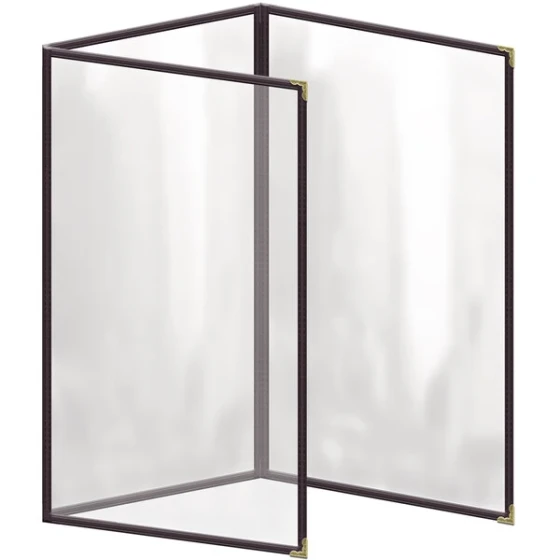 H. Risch, Inc. TET Deluxe Sewn 8 1/2" x 14" Brown 6 View Foldout Vinyl Menu Cover With Gold Decorative Corners and Gloss Finish
