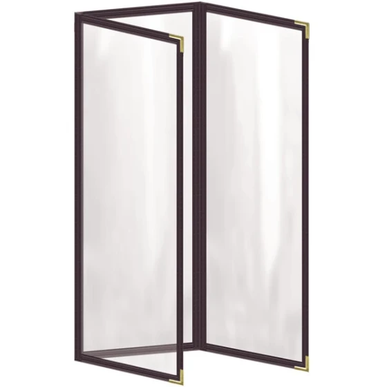 H. Risch, Inc. TET Deluxe Sewn 4 1/4" x 14" Brown 6 View Foldout Vinyl Menu Cover With Gold Smooth Corners and Gloss Finish