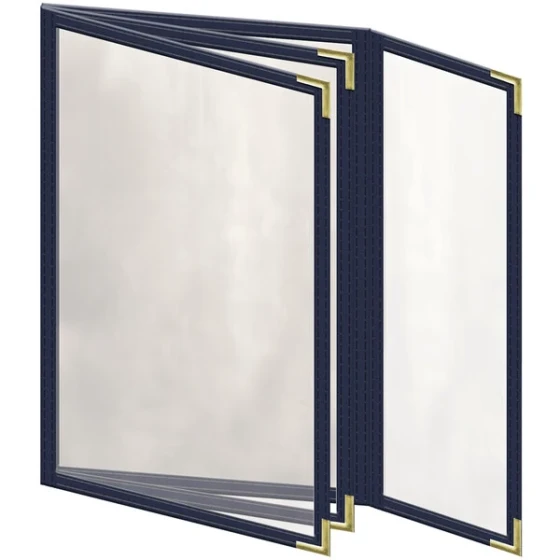 H. Risch, Inc. TETBQ Deluxe Sewn 5 1/2" x 8 1/2" Blue 8 View Vinyl Menu Cover with Gold Smooth Corners and Gloss Finish
