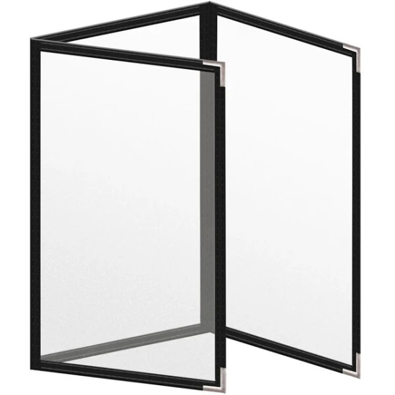 H. Risch, Inc. TET Deluxe Sewn 5 1/2" x 8 1/2" Black 6 View Foldout Vinyl Menu Cover With Silver Smooth Corners and Matte Finish