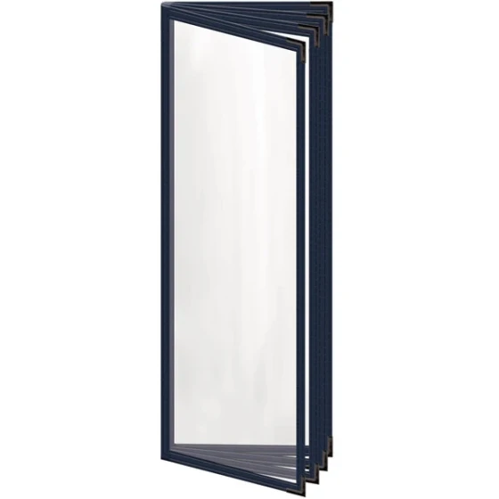 H. Risch, Inc. TEDD Deluxe Sewn 4 1/4" x 14" Blue 8 View Menu Cover with Black Smooth Corners and Gloss Finish