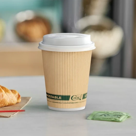 EcoChoice 12 oz. Sleeveless Ripple Kraft Paper Hot Cup and Lid - 100/Case