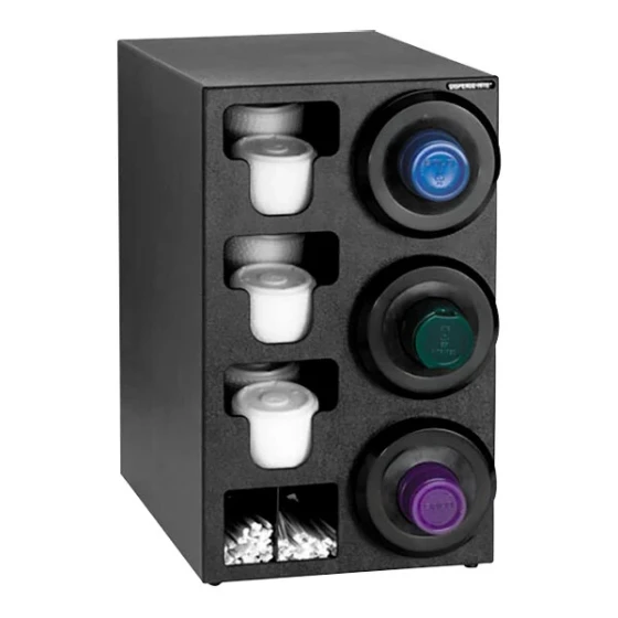 Dispense-Rite Black Polystyrene One-Size-Fits-All 3-Compartment Right Side Countertop Cup Dispenser with Built-In Lid and Straw Organizer SLR-C-3RBT