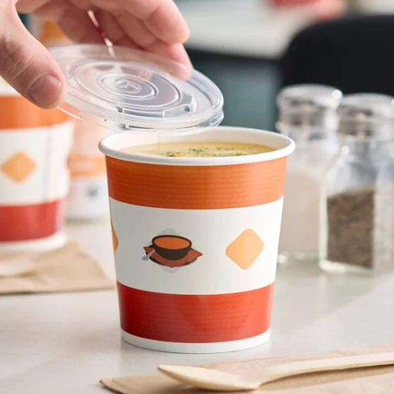 Choice 16 oz. Double Poly-Coated Paper Soup / Hot Food Cup with Vented Plastic Lid - 25/Pack