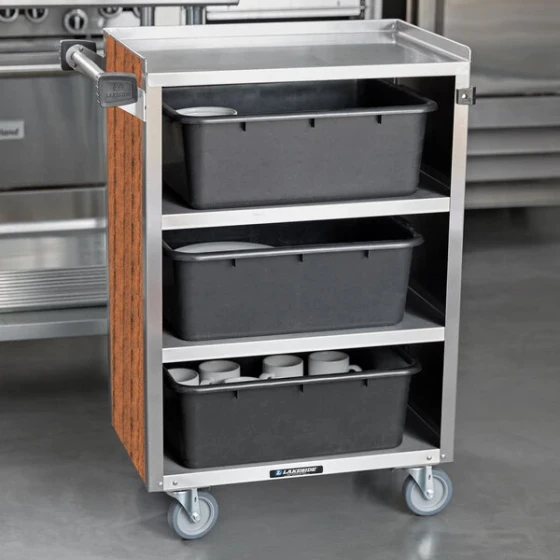 Lakeside 815VC 4 Shelf Medium Duty Stainless Steel Utility Cart with Enclosed Base and Victorian Cherry Finish - 16 7/8" x 28 1/4" x 37 1/2"