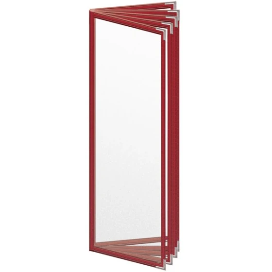 H. Risch, Inc. TE-10V Deluxe Sewn 4 1/4" x 14" Red 10 View Vinyl Menu Cover with Silver Smooth Corners and Matte Finish
