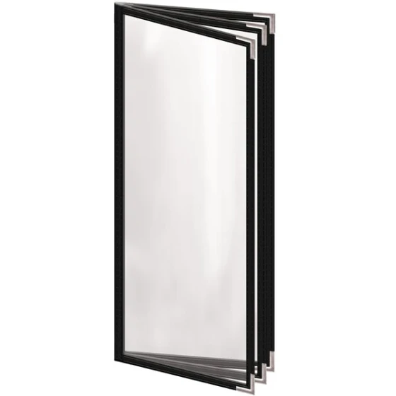 H. Risch, Inc. TETB Deluxe Sewn 4 1/4" x 11" Black 6 View Vinyl Menu Cover with Silver Smooth Corners and Gloss Finish
