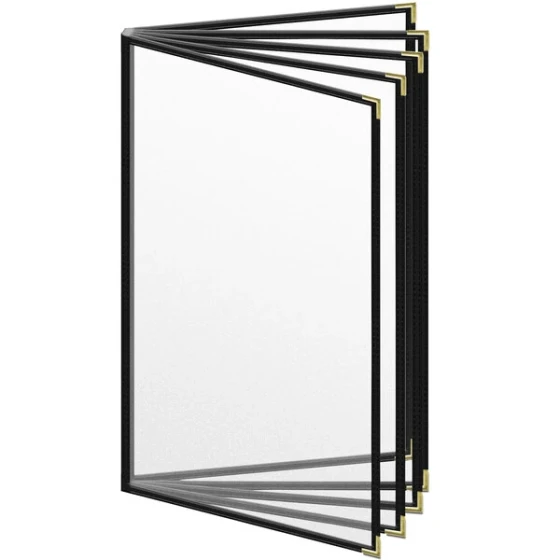 H. Risch, Inc. TE-10V Deluxe Sewn 8 1/2" x 14" Black 10 View Vinyl Menu Cover with Gold Smooth Corners and Matte Finish