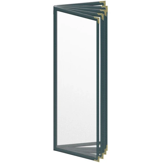 H. Risch, Inc. TE-10V Deluxe Sewn 4 1/4" x 14" Green 10 View Vinyl Menu Cover with Gold Decorative Corners and Matte Finish