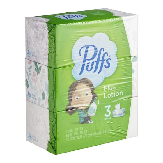 Puffs Plus Lotion 124 Sheet 3-Pack 2-Ply Facial Tissue Box - 8/Case
