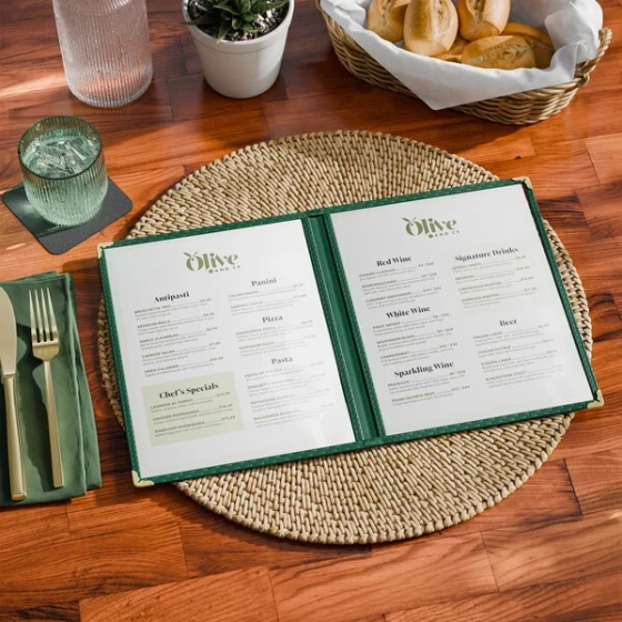 Choice 8 1/2" x 11" Green 4-View Double Pocket Menu Cover