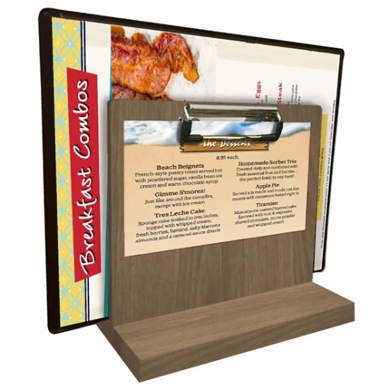 Menu Solutions WDMHS 3" x 7" Weathered Walnut Wood Tabletop Menu Caddy with Clip
