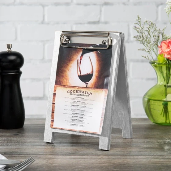 Menu Solutions WDSD-CL-A 4" x 6" White Wash Wood Sandwich Menu Board Tent with Clip
