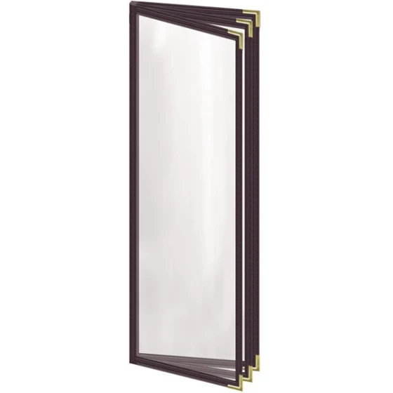 H. Risch, Inc. TETB Deluxe Sewn 4 1/4" x 14" Brown 6 View Vinyl Menu Cover with Gold Smooth Corners and Gloss Finish