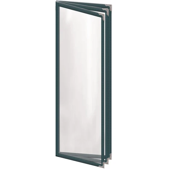 H. Risch, Inc. TETB Deluxe Sewn 4 1/4" x 14" Green 6 View Vinyl Menu Cover with Silver Decorative Corners and Gloss Finish