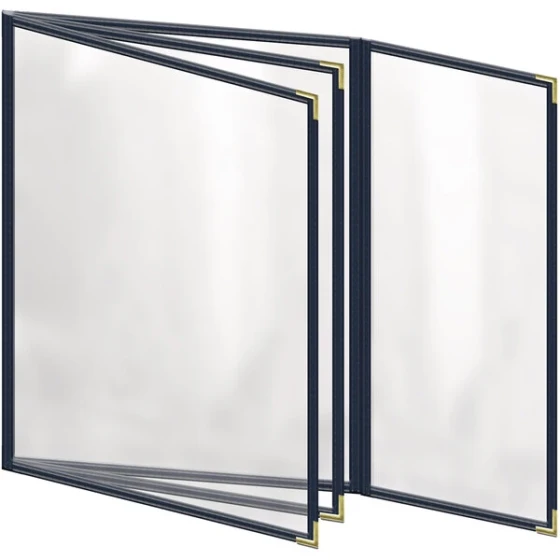 H. Risch, Inc. TETBQ Deluxe Sewn 8 1/2" x 11" Blue 8 View Vinyl Menu Cover with Gold Smooth Corners and Gloss Finish
