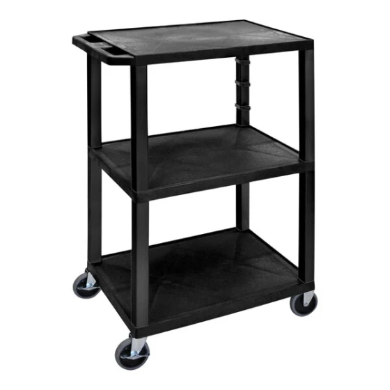 Luxor Tuffy 24" x 18" x 42 1/2" Black Plastic 3-Shelf Powered Utility Cart with Heavy-Duty Casters, Electrical Assembly, 15' Cord, and Cord Storage UCPL1E