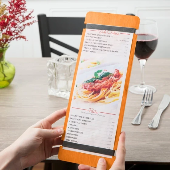 Menu Solutions WDRBB-BA Mandarin 4 1/4" x 11" Customizable Wood Menu Board with Rubber Band Straps